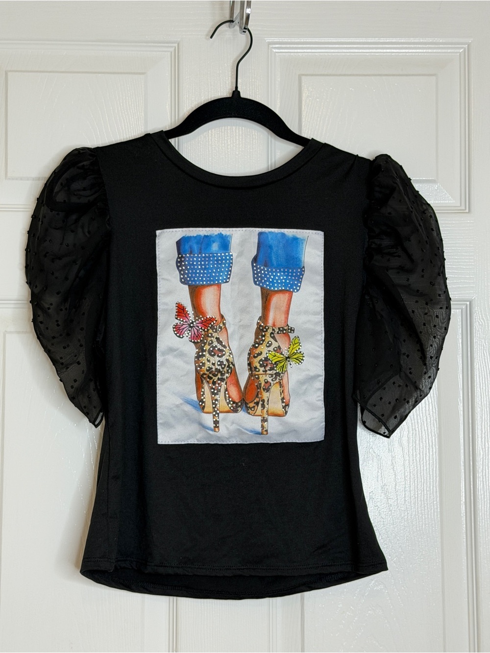 Love J Embellished Puff Sleeve Graphic Top Leopard Heels Butterfly Tee Small